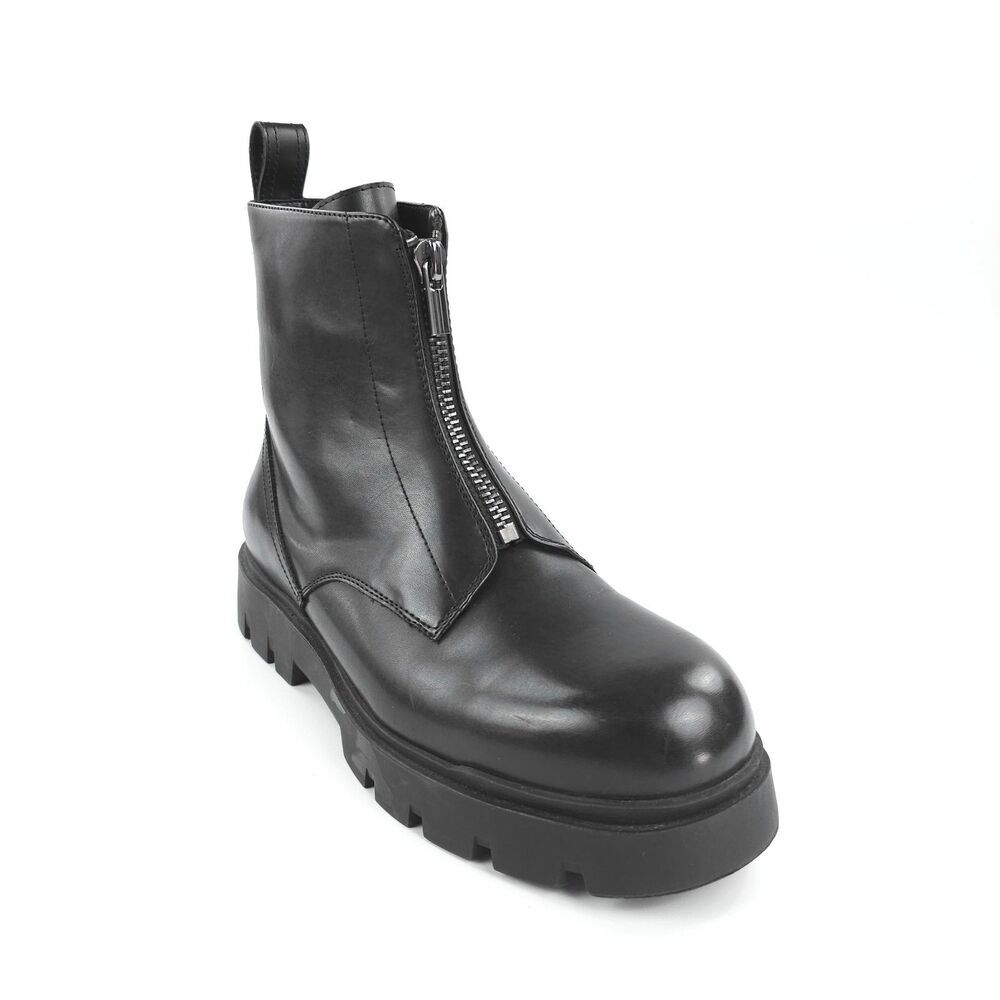 ZARA 100% Leather Lug Sole Zip Front Combat Boots Black Y2k Goth Grunge Indie
